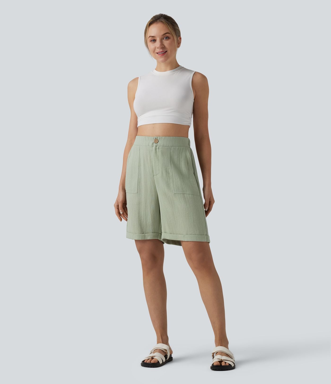 Bermuda casual taille haute aspect lin ourlet roulotté avec poches