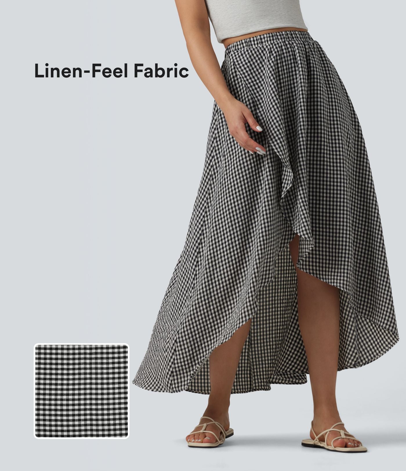 Jupe mi-longue décontractée fluide asymétrique taille haute à carreaux aspect lin avec poches