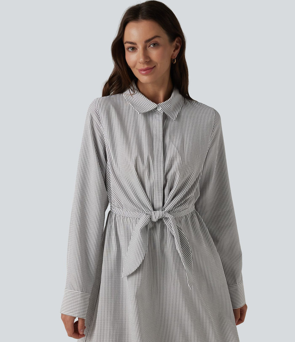 Robe chemise midi habillée à col, manches longues, lien à nouer devant et rayures