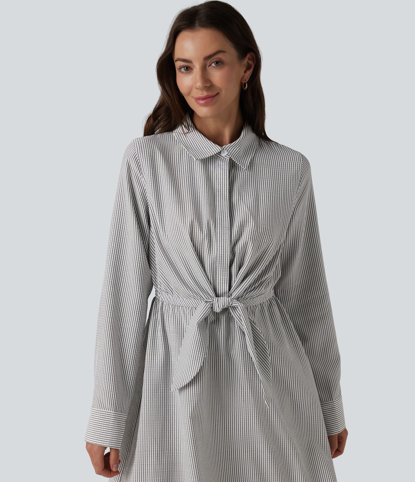 Robe chemise midi habillée à col, manches longues, lien à nouer devant et rayures