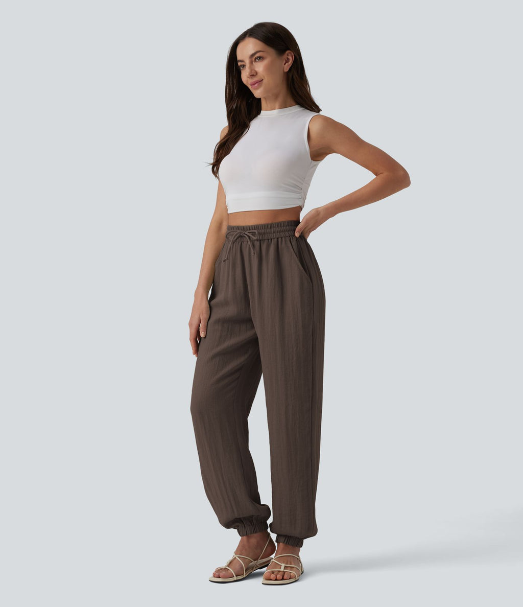 Jogging casual large ample taille haute aspect lin à cordon de serrage avec poches