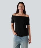 T-shirt casual col épaules dénudées manches courtes