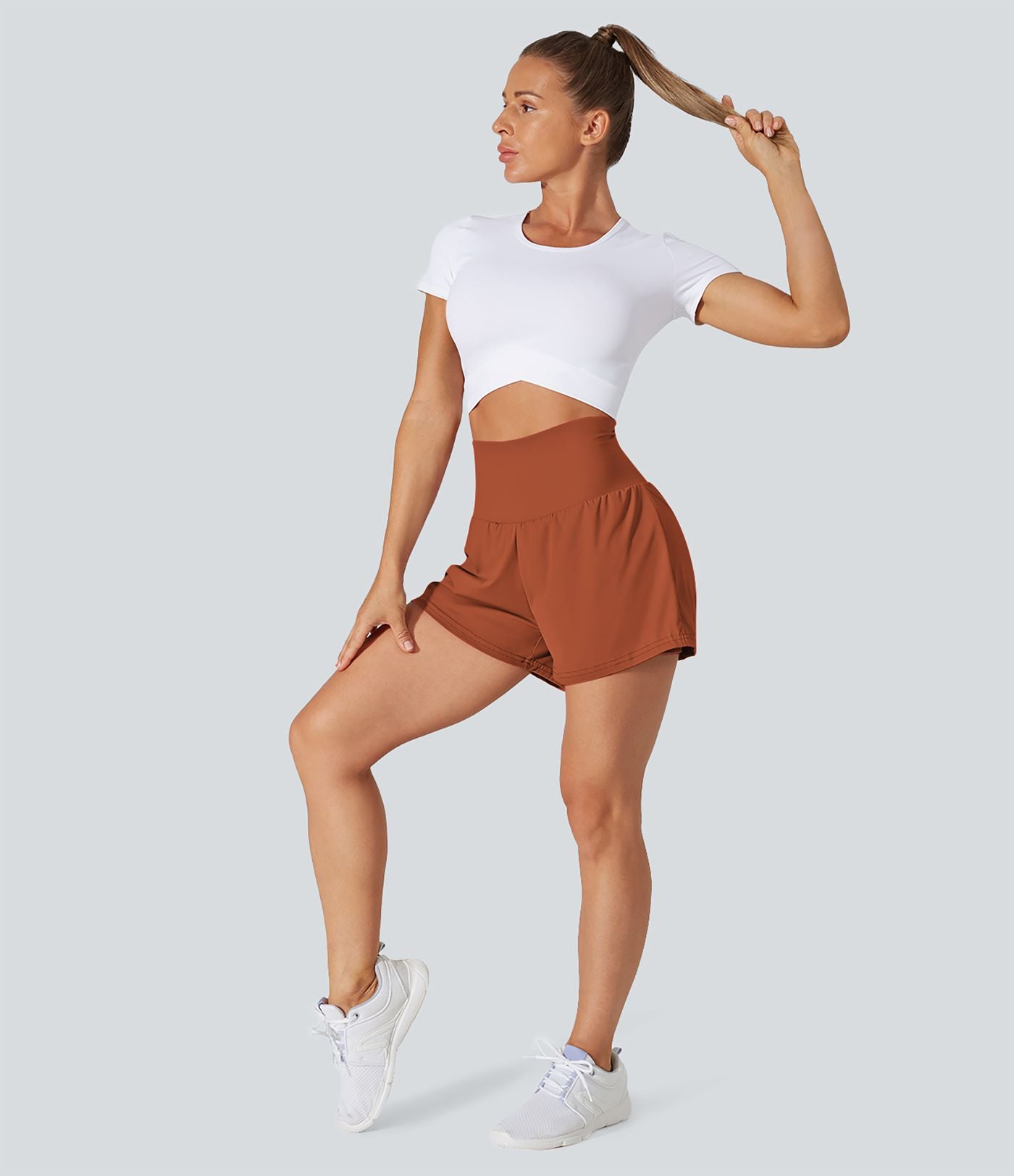 Short 7,5cm Yoga 2 en 1 Super Taille Haute Poches Arrière Poches Cachées Latérales