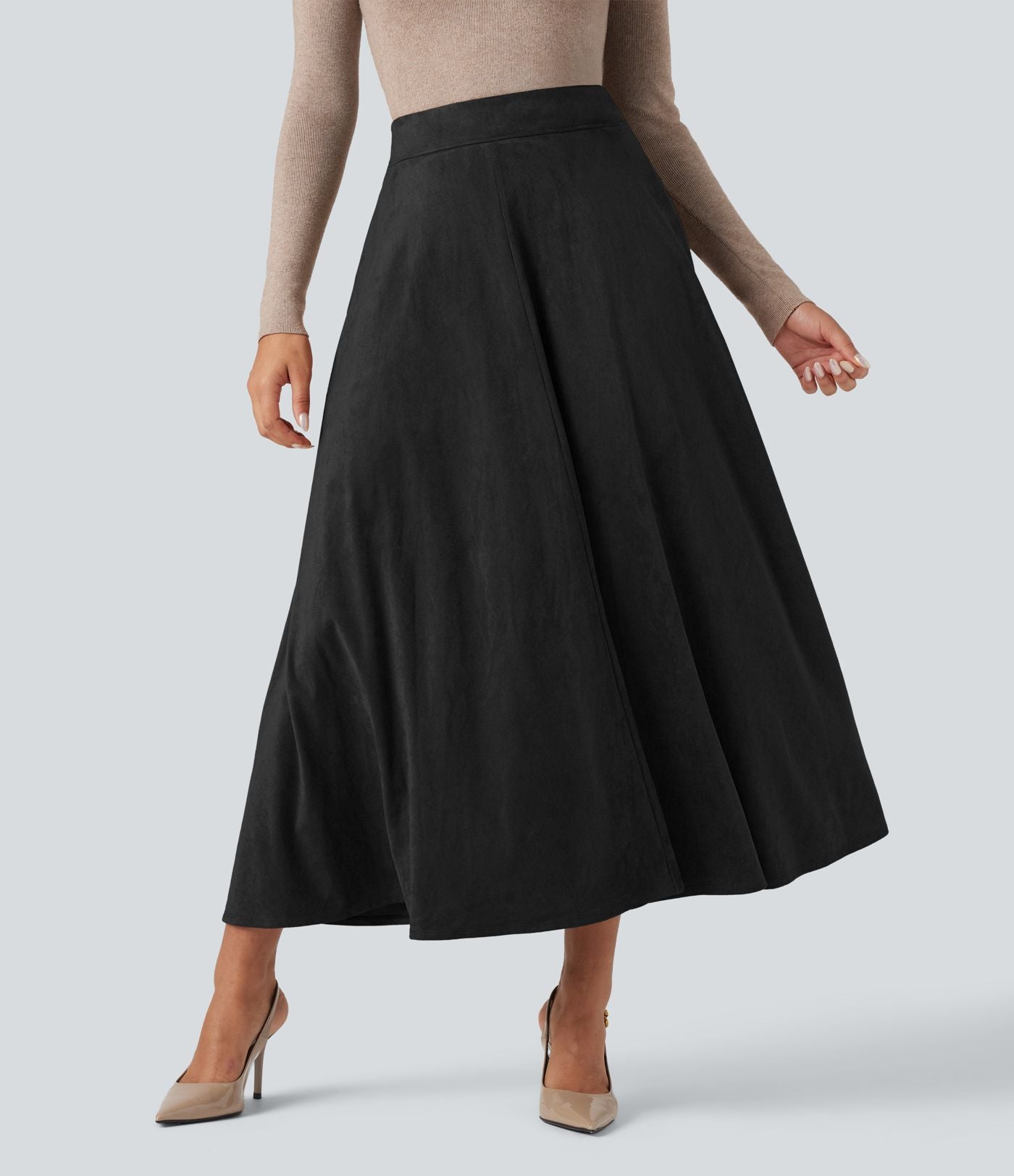 Jupe mi-longue évasée daim taille haute avec poches
