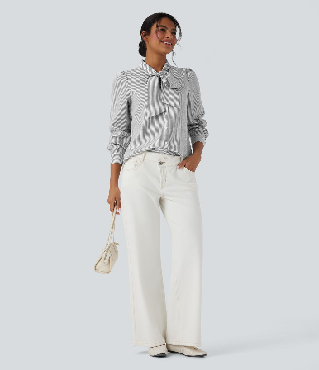 Chemise décontractée rayée à manches longues avec nœud devant