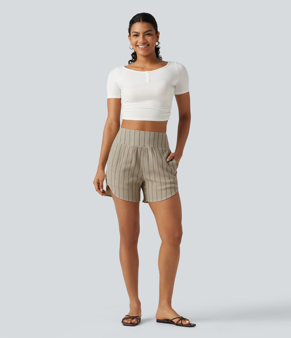 Short casual taille haute ourlet arrondi rayures avec poches