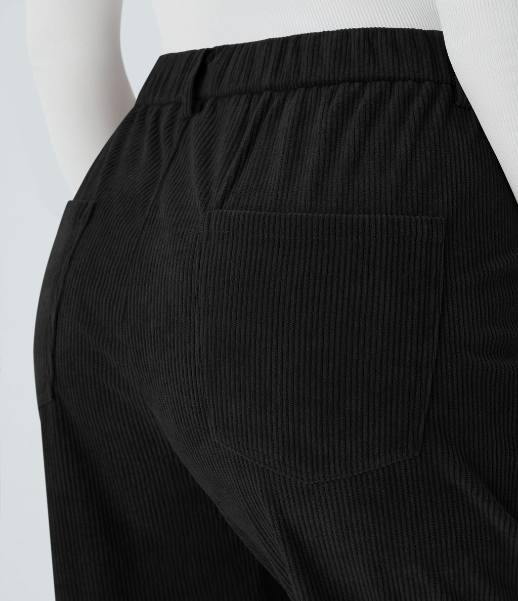 Pantalon décontracté en velours côtelé avec taille mi-haute, boutons et fermeture éclair
