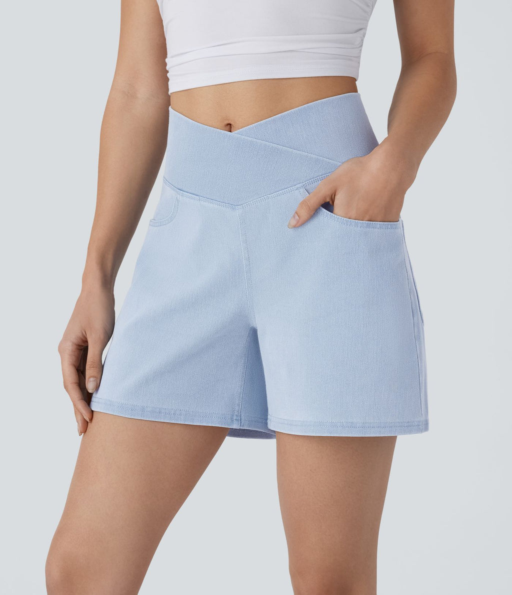 Halara Flex™ Short décontracté évasé à jambe large en denim extensible délavé taille haute croisée avec poches multiples