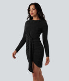 Robe mini manches longues, col rond, drapée, moulante, effet sparkle