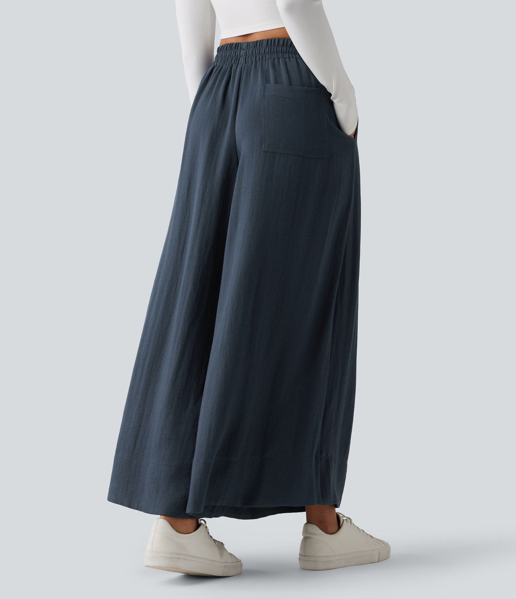 Pantalon large fluide décontracté taille haute avec cordon de serrage intérieur avec poches