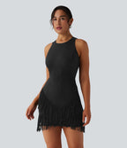 Robe mini moulante en suédine col rond sans manches avec franges