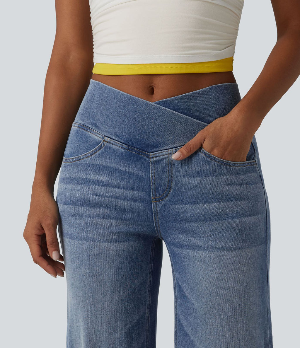 Halara Flex™ Jean large casual taille haute croisée en lyocell drapé lavé avec poches