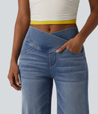 Halara Flex™ Jean large casual taille haute croisée en lyocell drapé lavé avec poches