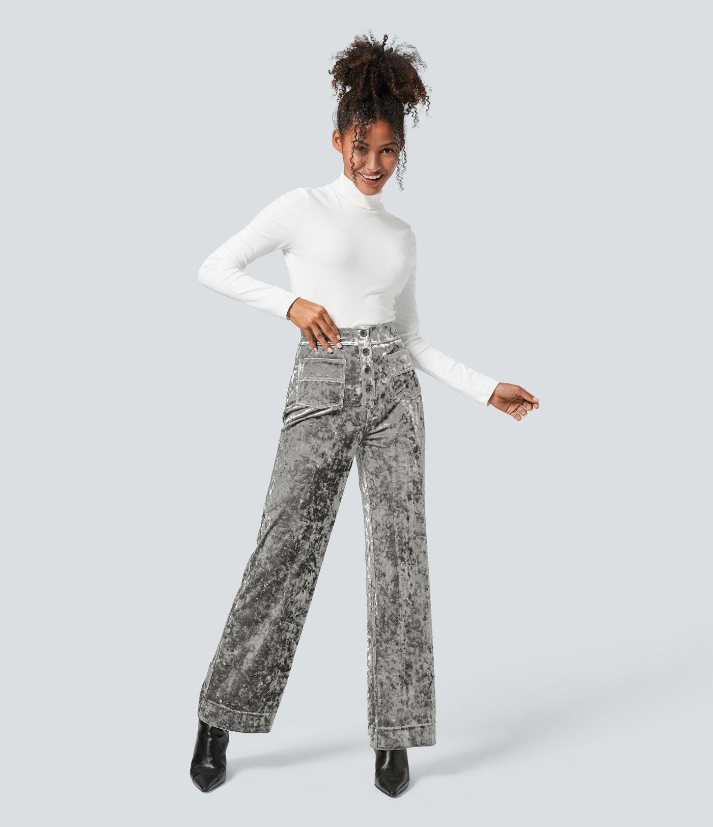 Pantalon Casual en Velours Taille Haute avec Bouton Multipoches Droites