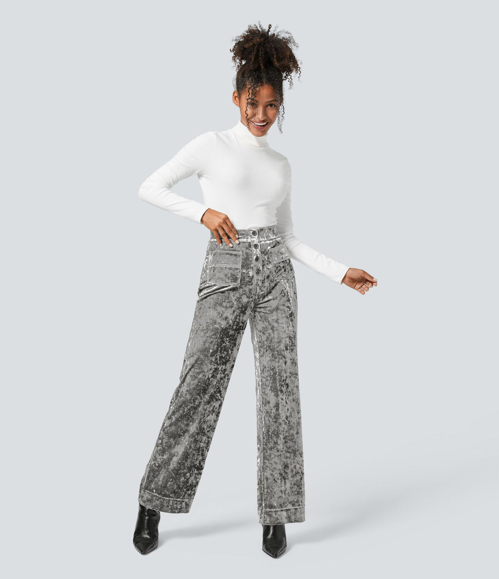 Pantalon en Velours Taille Haute avec Bouton Multipoches Droites