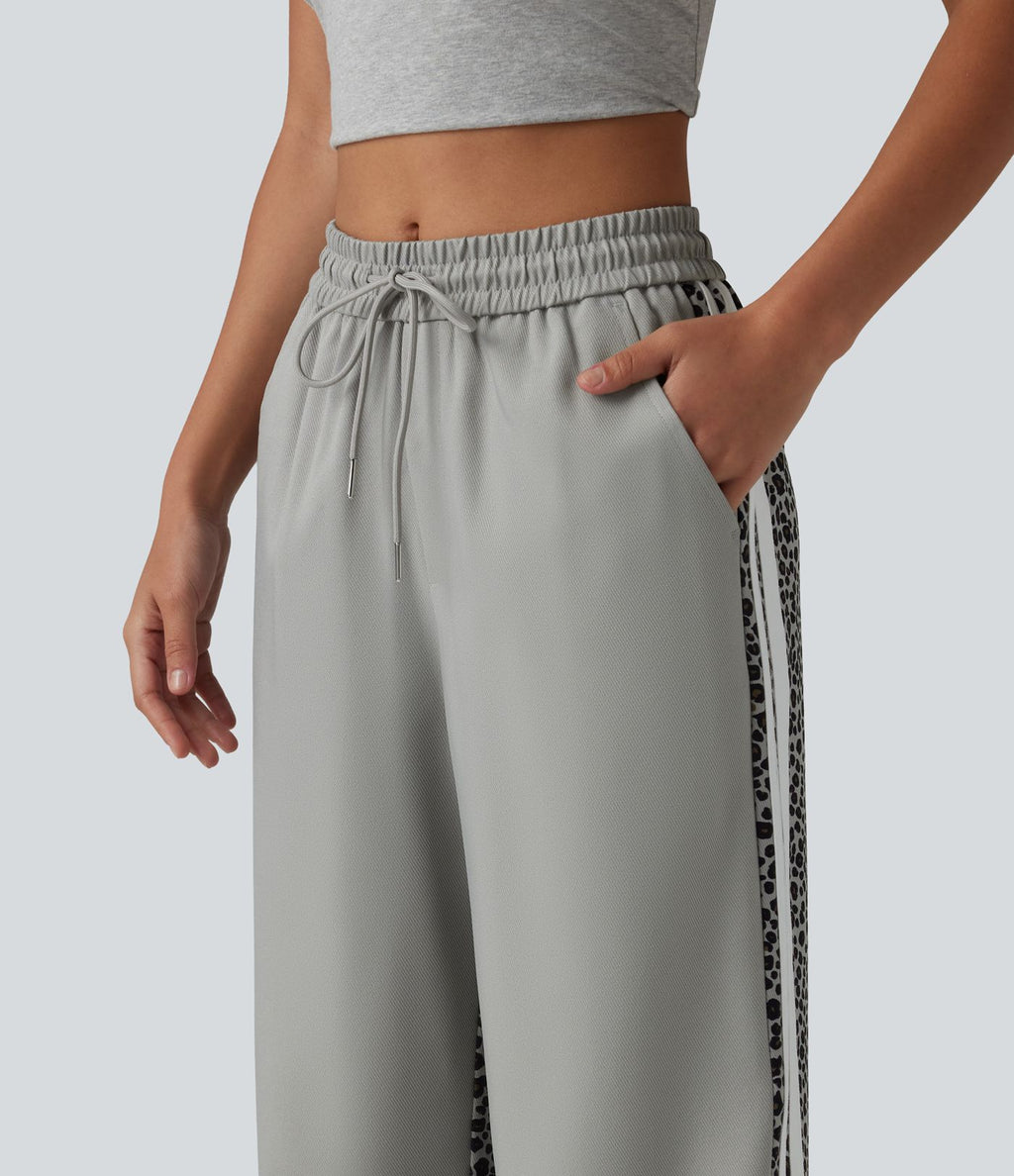 Pantalon ample décontracté taille mi-haute avec cordon de serrage color block rayures léopard contrastant avec poches