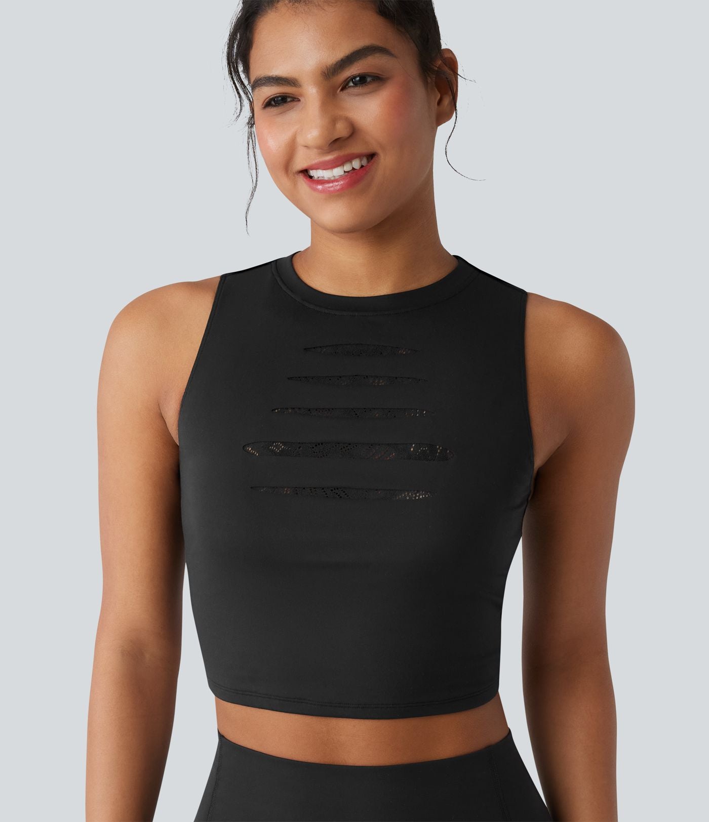 Débardeur yoga court SoftlyZero™ col rond déchiré avec dentelle contrastante - UPF50+