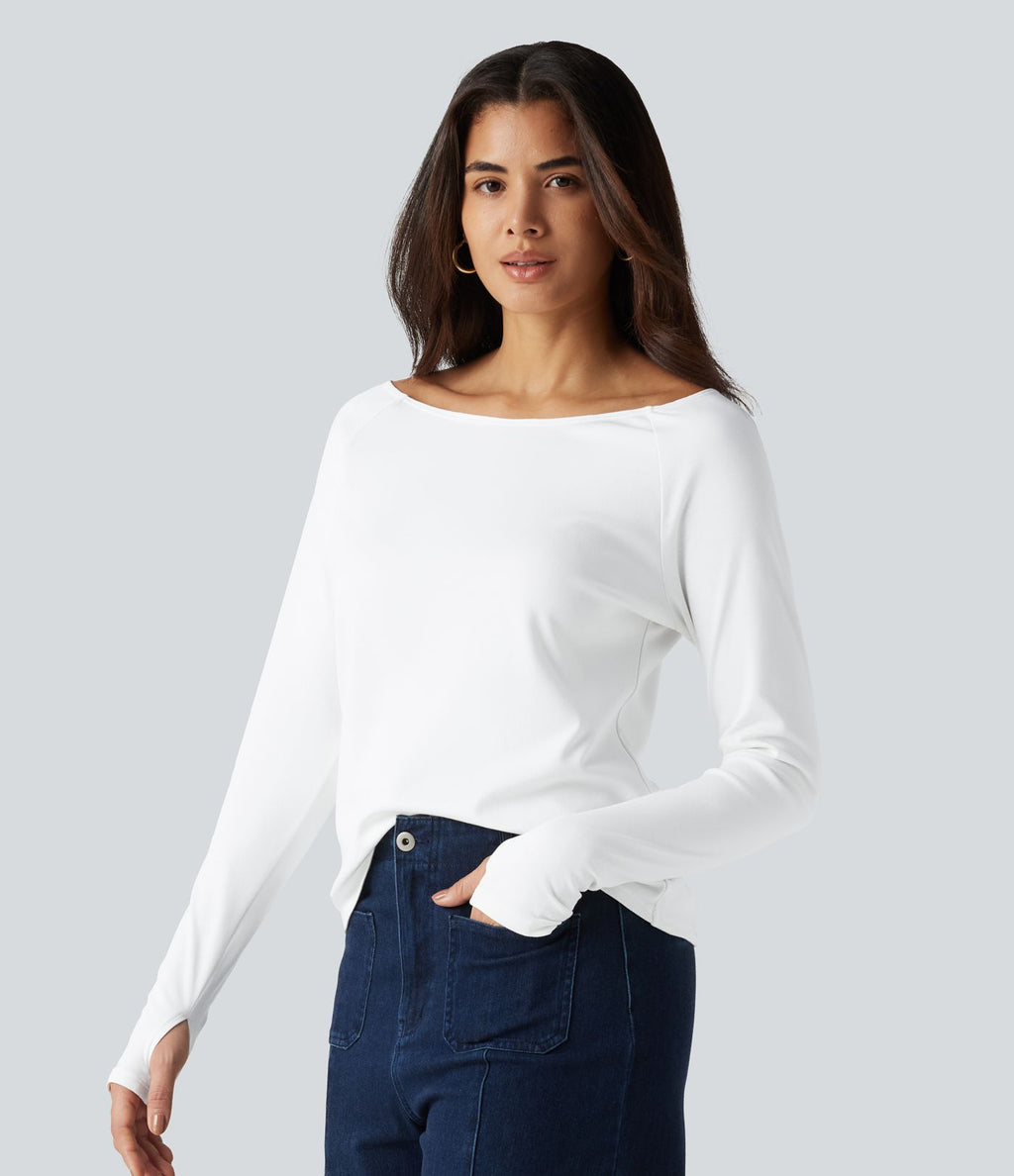 T-shirt en coton Pima à encolure bateau, manches longues et passe-pouces