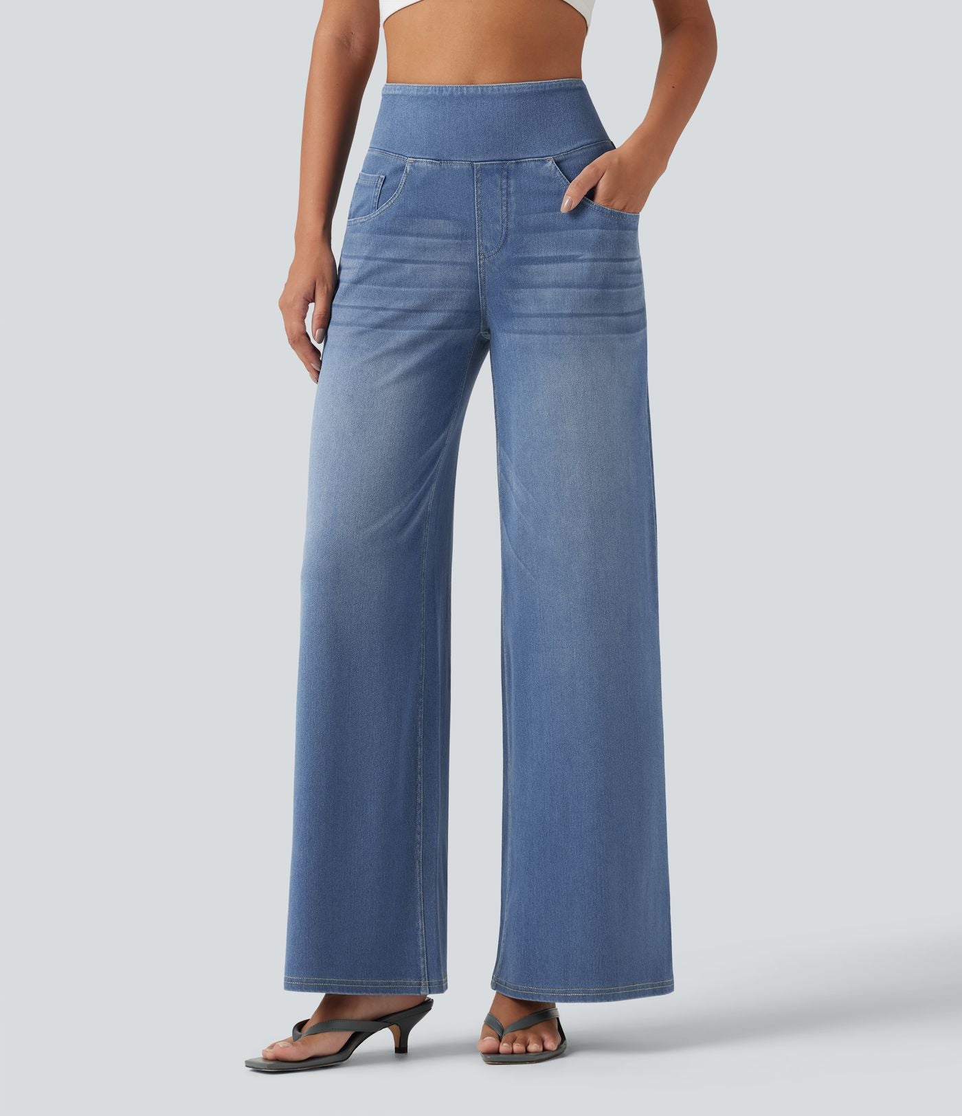 Halara Flex™ Jean large casual taille haute ventre plat, en lyocell drapé effet délavé, avec poches