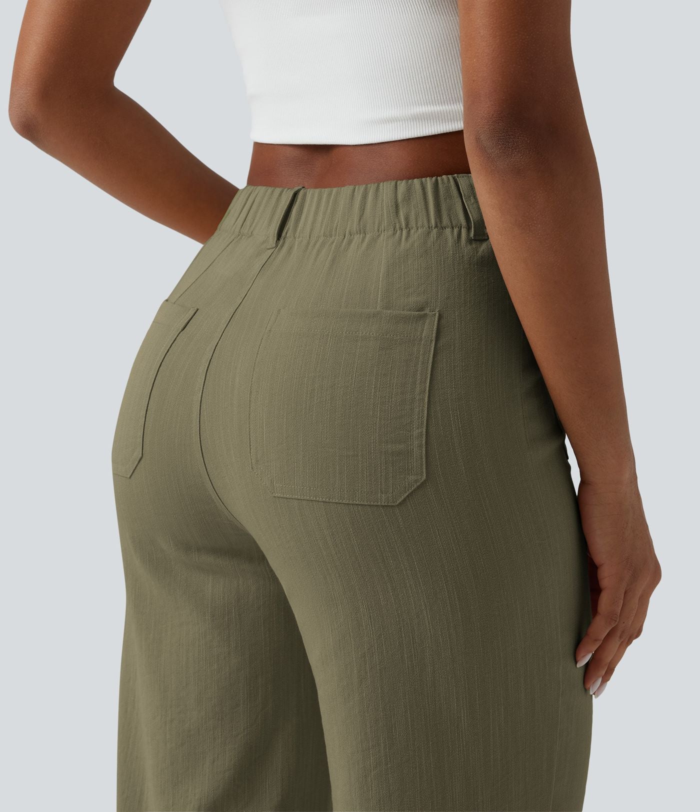 Pantalon taille haute coupe droite effet lin avec poches