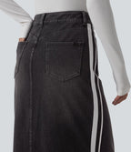 Jupe en jean longue décontractée délavée à rayures taille haute Halara Flex™ avec poches