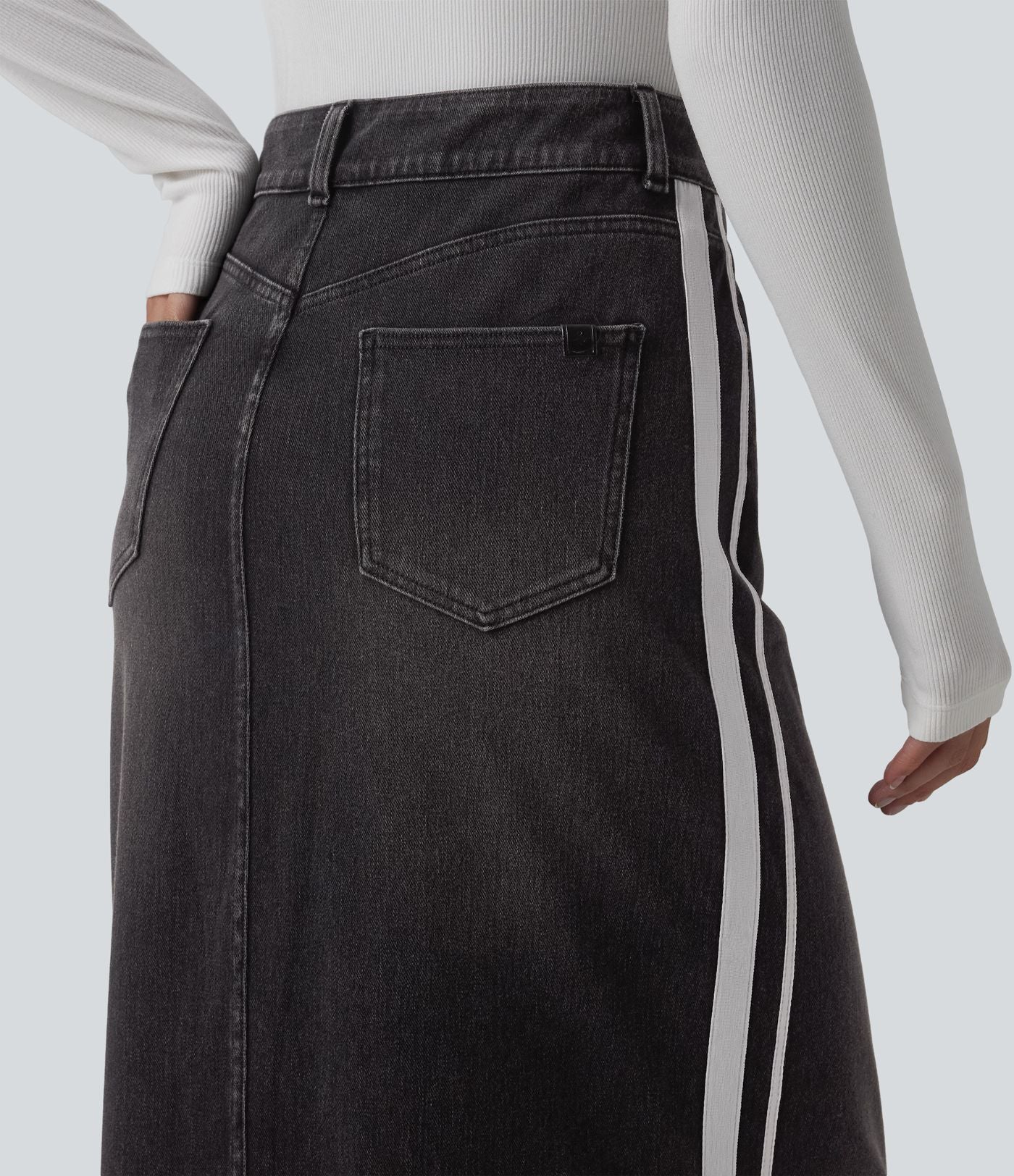 Jupe en jean longue décontractée délavée à rayures taille haute Halara Flex™ avec poches