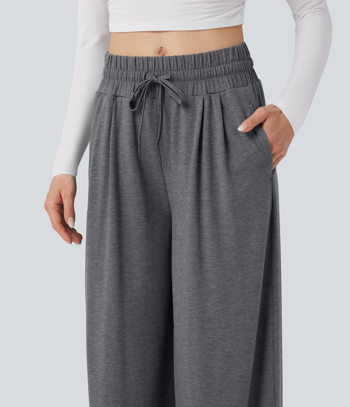 Pantalon large décontracté chiné taille mi-haute avec cordon et poches