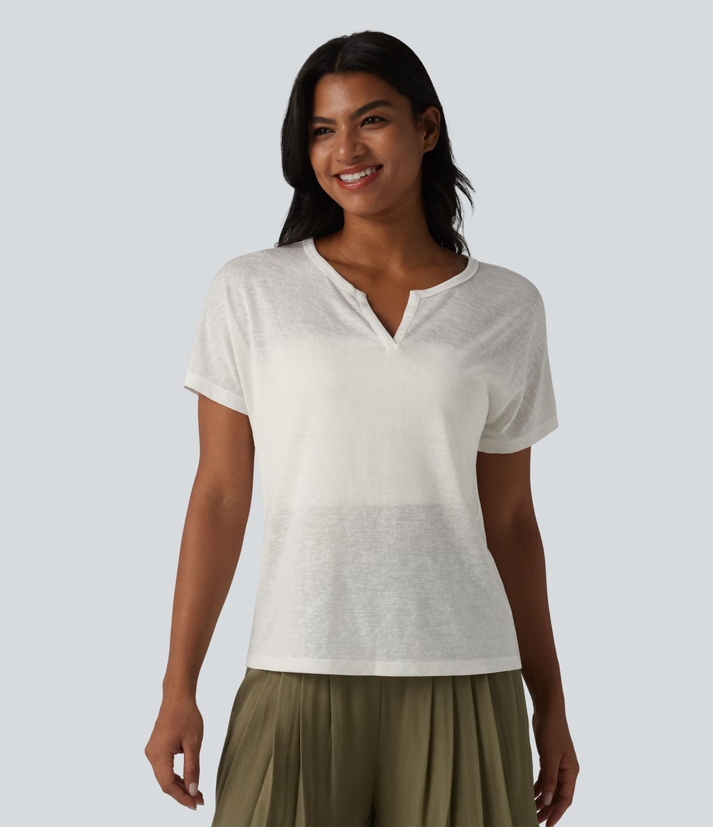 T-shirt casual col V semi-transparent en lyocell manches courtes