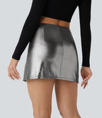 Mini-jupe moulante 2-en-1 SoftlyZero™ taille haute en simili, ourlet, effet sparkle métalisé, extensible avec poches