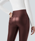 Pantalon 7/8 moulant décontracté polaire gainant taille haute extensible effet cuir avec poches