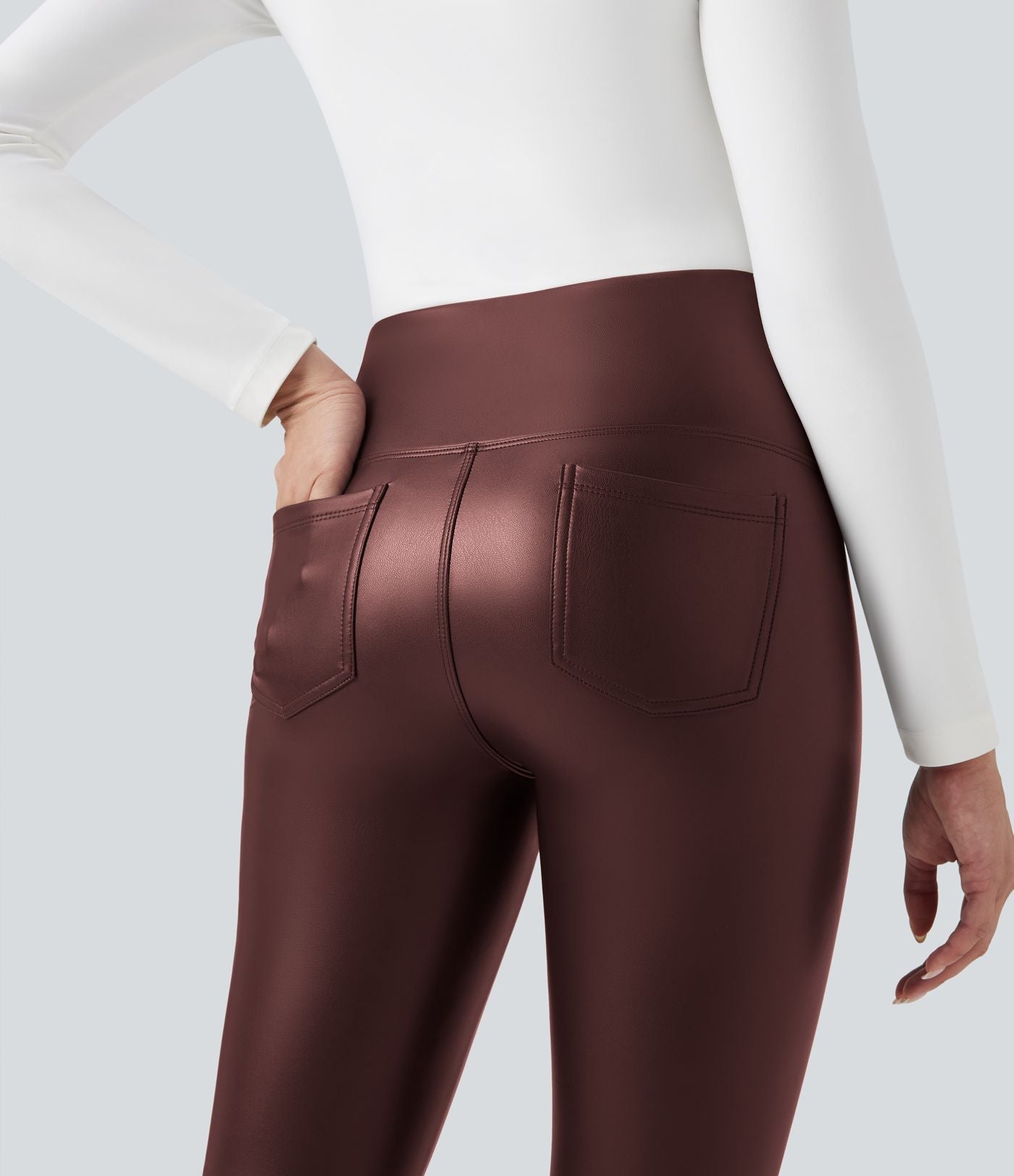 Pantalon 7/8 moulant décontracté polaire gainant taille haute extensible effet cuir avec poches