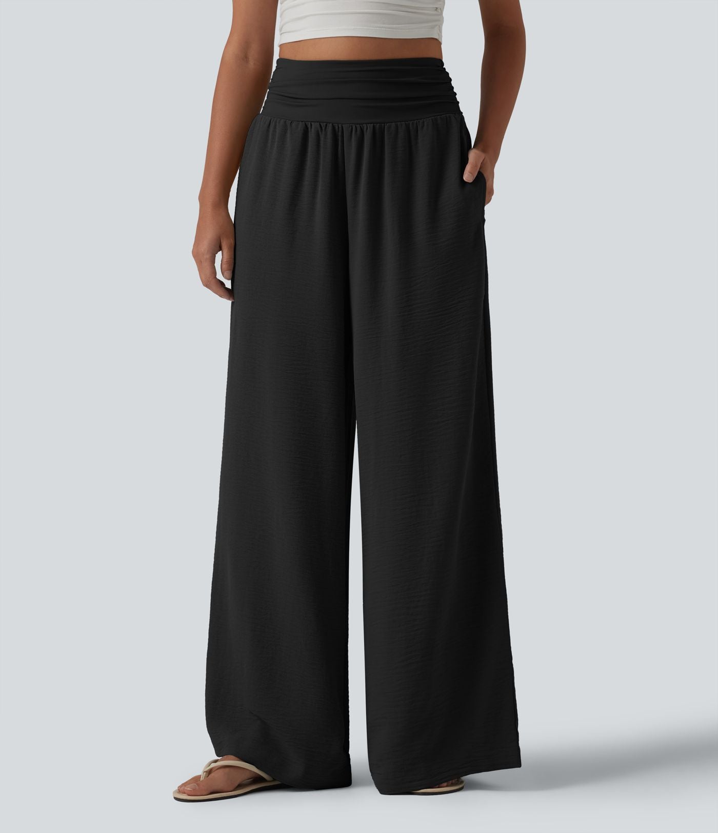 Pantalon ample taille haute ventre plat aspect lin avec fronces et poches