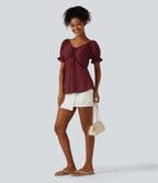Blouse décontractée col V manches courtes bouffantes lacée ajourée