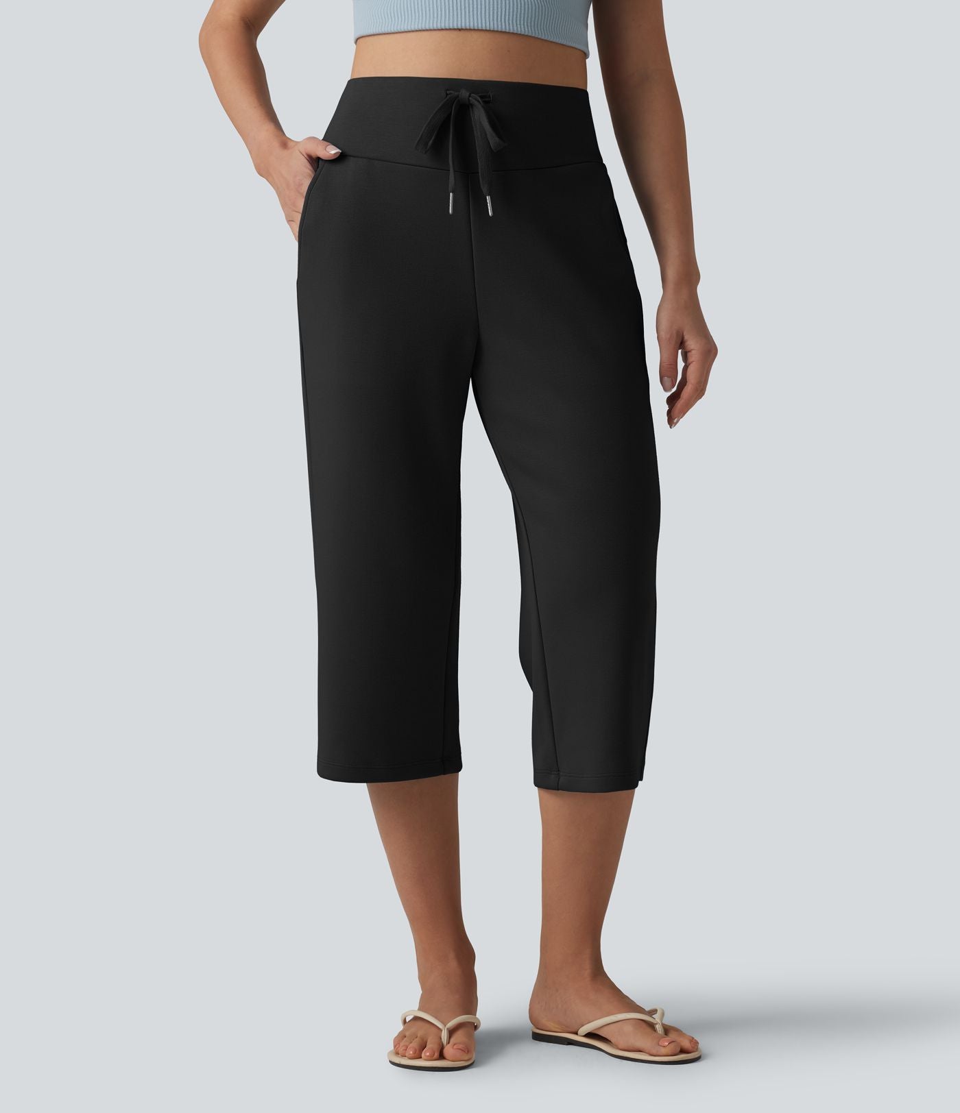 Pantalon Capri décontracté à taille haute, coupe droite, cordon de serrage et poches
