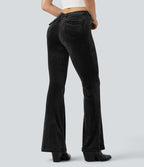Pantalon évasé velours côtelé ceinture en V taille haute avec poches