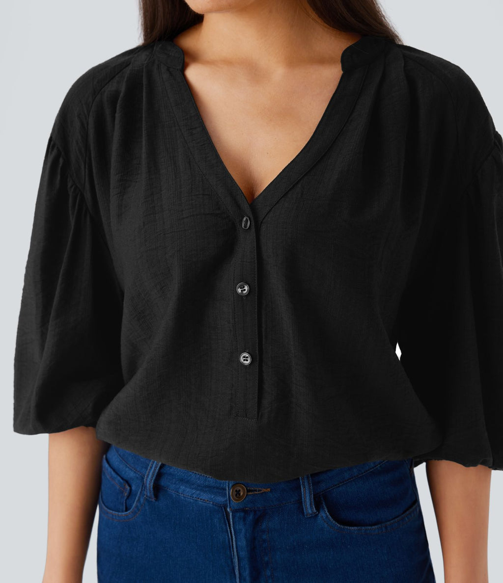 Haut décontracté oversize col V manches bouffantes 3/4