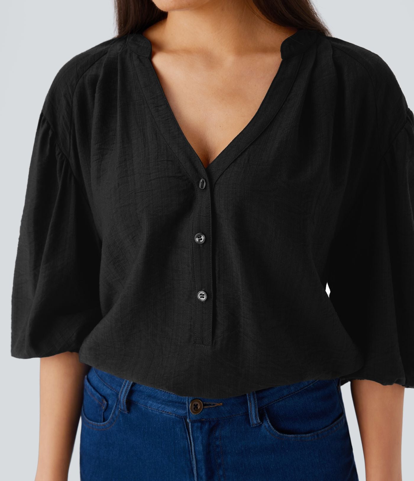 Haut décontracté oversize col V manches bouffantes 3/4