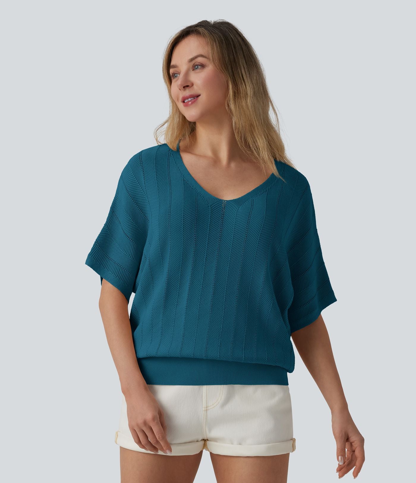 Pull décontracté col V manches courtes