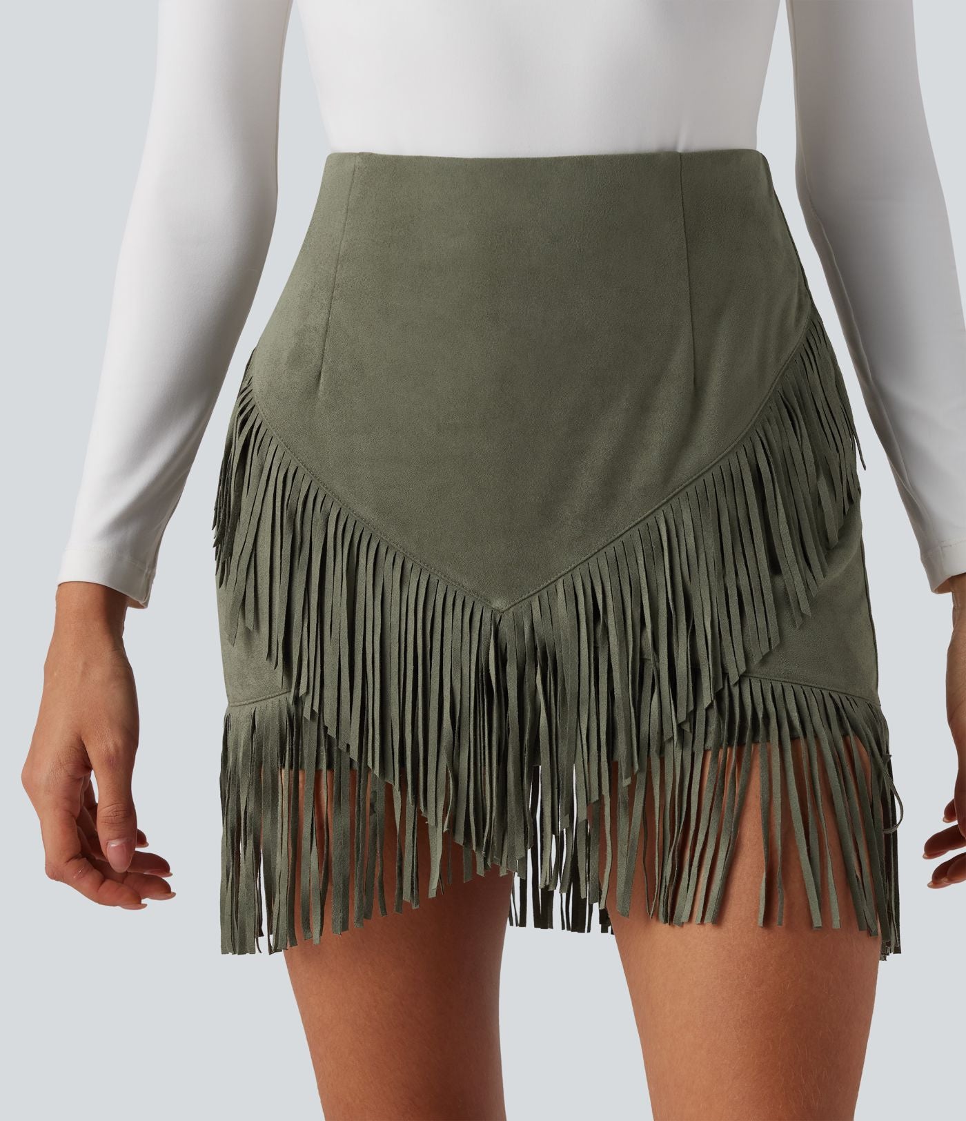 Jupe mini moulante décontractée 2-en-1 effet daim taille haute à franges