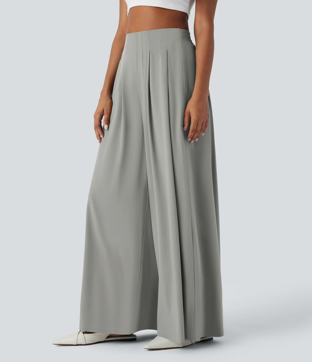 Breezeful™ Pantalon Large Fluide Taille Haute Plis Poches Latérales et Taille Élastique Séchage Rapide