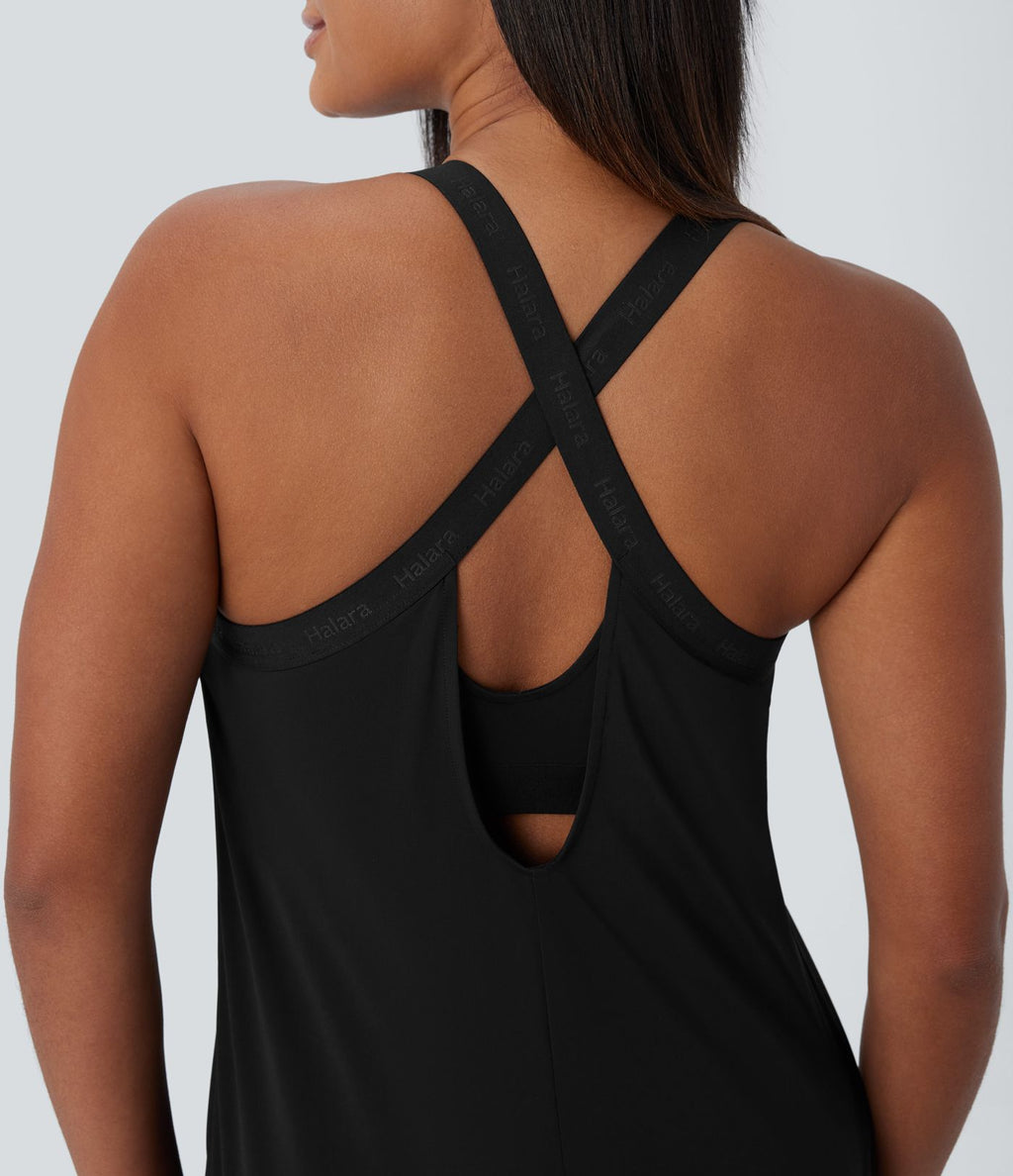 Débardeur yoga dos nu col U avec bretelles croisées, ourlet arrondi et effet frais InstantCool, protection solaire UPF50+