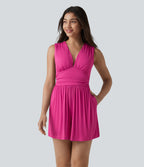 Combishort casual côtelé sans manches col V, fronces et soutien-gorge intégré, avec poches – Easy Peasy