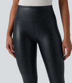 Legging casual 7/8 taille haute ventre plat en similicuir extensible, avec poches
