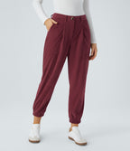 Pantalon décontracté en velours côtelé avec taille mi-haute, boutons et fermeture éclair
