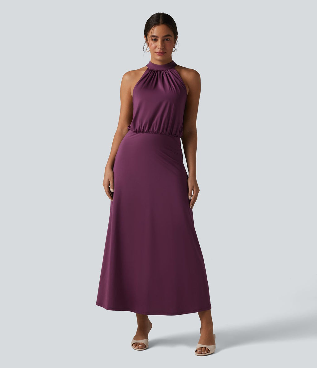 Robe midi col cheminée sans manches dos découpé extensible aspect satiné effet frais InstantCool