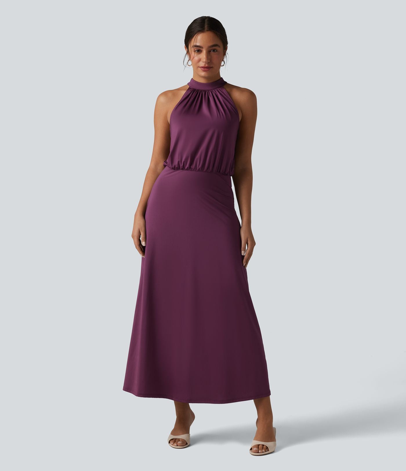 Robe midi col cheminée sans manches dos découpé extensible aspect satiné effet frais InstantCool