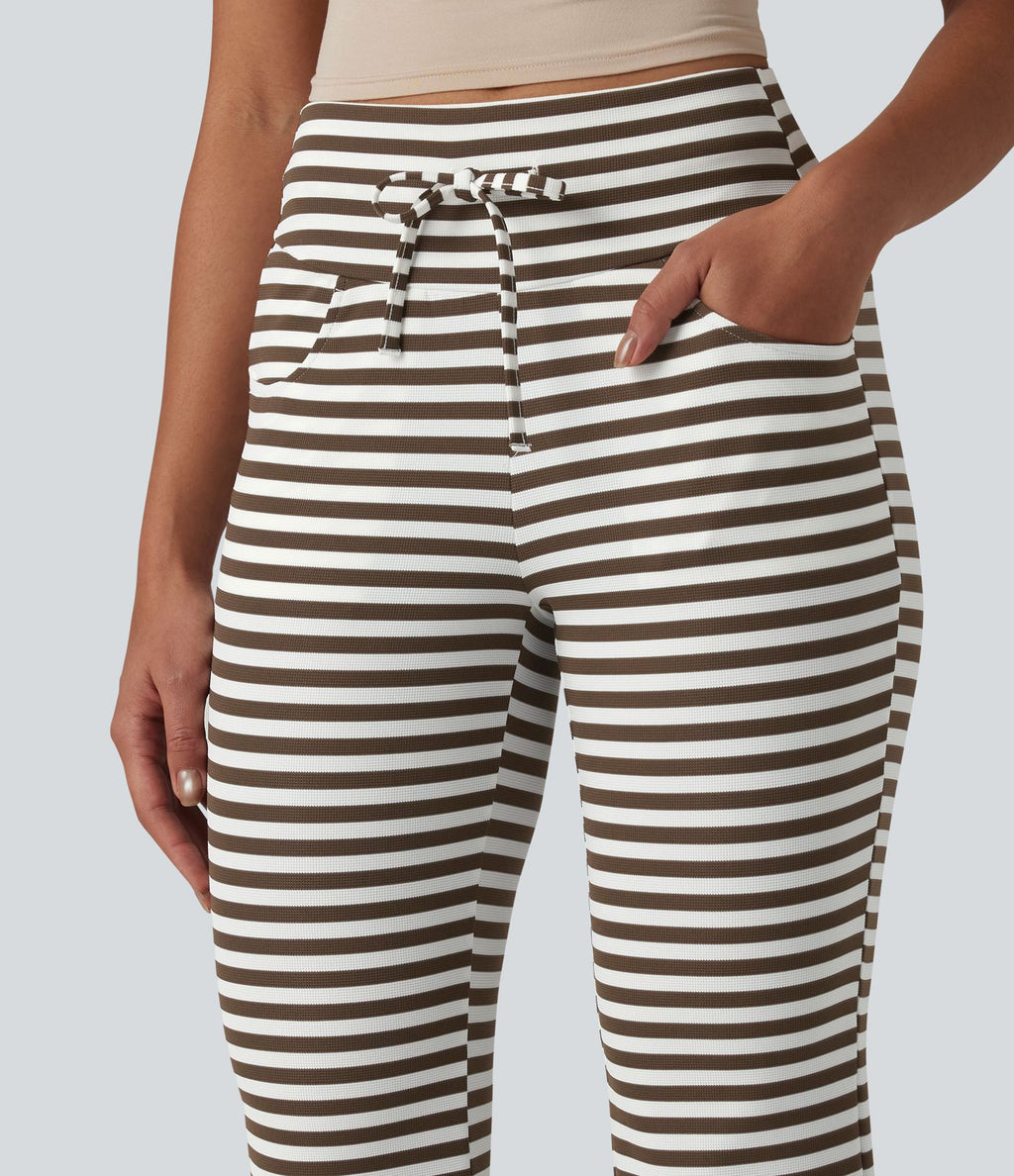 Pantalon évasé décontracté taille haute gainant à rayures en tissu gaufré avec cordon de serrage et poches