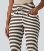 Pantalon évasé décontracté taille haute gainant à rayures en tissu gaufré avec cordon de serrage et poches