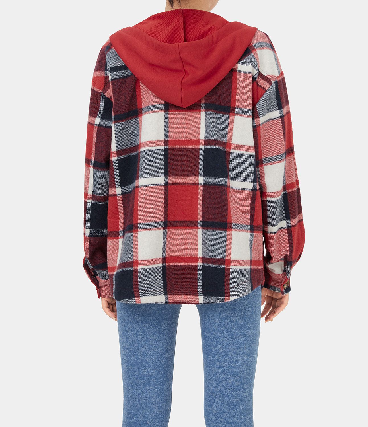 Veste de Casual à Carreaux en Polaire à Capuche avec Cordon de Serrage Boutons et Poches Latérales