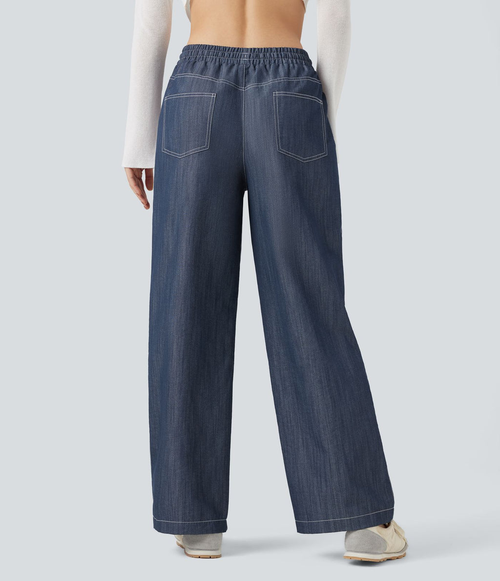 Pantalon décontracté large effet lin taille haute infroissable avec cordon et poches
